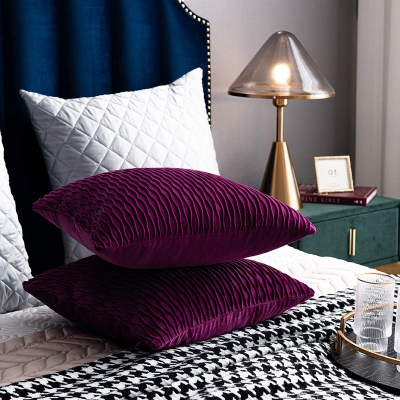 DEZENE 20x20 Purple Throw Pillow Cases: 2 Pack Original Striped Velvet Square Decorative Pillow Covers for Farmhouse Couch - Image 4